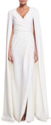 Pamella Roland Cape-Sleeve Faux-Wrap Gown, White - ShopStyle Evening ...