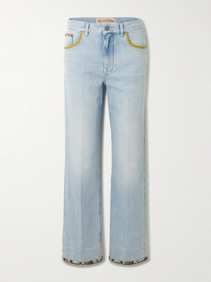 Valentino Garavani - Embellished Printed Chiffon-trimmed Mid-rise Straight-leg Jeans - Blue