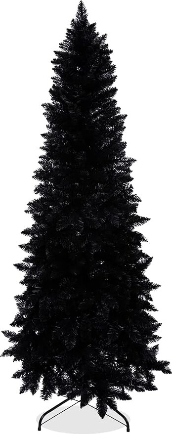 Wabolay 7ft Artificial Pencil Slim Black Christmas Tree Unlit-Tall Skinny Hinged Full Real Tall Halloween Xmas Tree with 950 Branch Tips-Foldable Metal Stand-Easy Setup-Holiday Outdoor Indoor Décor