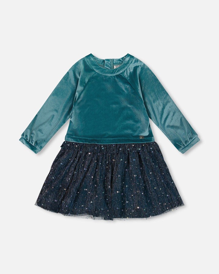 Long Sleeve Bi-Material Velvet and Pleated Mesh Dress
