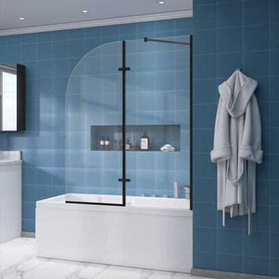 GETPRO 48'' W x 58'' H Frameless Shower & Bathtub Doors Folding Hinged Tempered Glass Pivot Tub Door with Support Bar