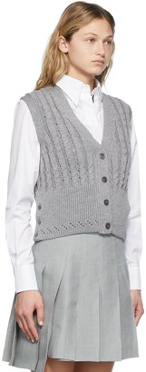Thom Browne Grey Merino Wool Pointelle Cable 4-Bar Cardigan