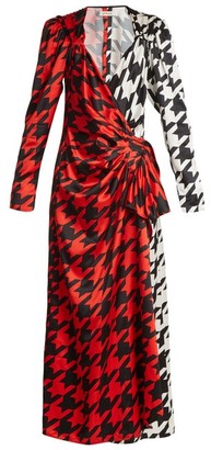 Attico - Pat Hound's Tooth Checked Satin Wrap Dress - Womens - Black Red Print