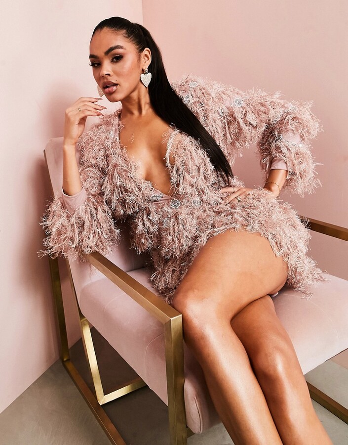 ASOS Luxe faux feather look embellished detail dress in pink