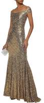 Thumbnail for your product : Badgley Mischka Off-The-Shoulder Ruched Sequined Mesh Gown