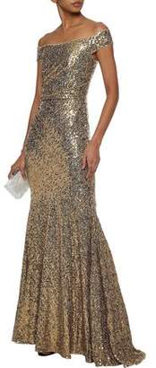 Badgley Mischka Off-The-Shoulder Ruched Sequined Mesh Gown