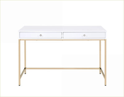 Inbox Zero Desks Ottey Contemporary White High Gloss Writing Desk with 2 Drawers | Gold Metal Legs | White | Synthetic Wood