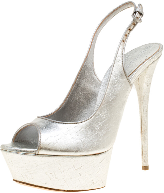 Casadei Silver Leather Pellame Peep Toe Slingback Sandals Size 39.5 -  ShopStyle