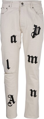 Palm Angels Distressed Logo-Patch Straight Leg Jeans
