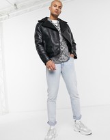 Thumbnail for your product : Bershka faux leather avaitor jacket with fleece lining in black