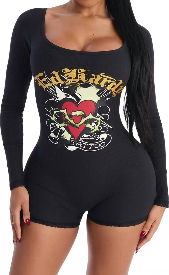 Ed Hardy Sacred Heart Long Sleeve Short Lace Romper In Black