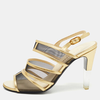Chanel Gold/ Black Mesh and Leather Lucite Heel Sandals Size 38
