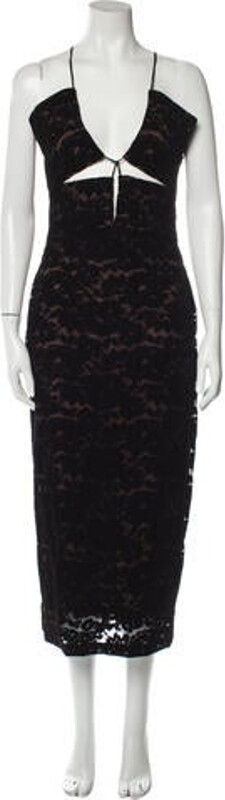 Rachel Comey Evening Gown Black Braided, Raw-Edge, Keyhole & Lasercut Accents Sleeveless with V-Neck Concealed Zip Closure at Back Designer
