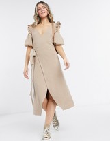 Thumbnail for your product : NEVER FULLY DRESSED ruffle cold shoulder wrap tie knitted midi dress in camel