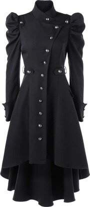 Jerfer Women's Gothic Steampunk Lapel Woolen Trench Coat Long Solid High Low Button Windbreaker Tuxedo Dress Jacket