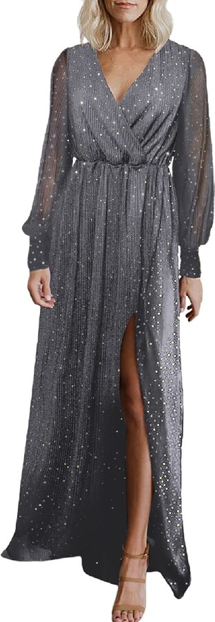 Bdcoco Women's V Neck Formal Gown Evening Dresses Long Sleeve Bridesmaid Maxi  Dress with Slit Gray - ShopStyle