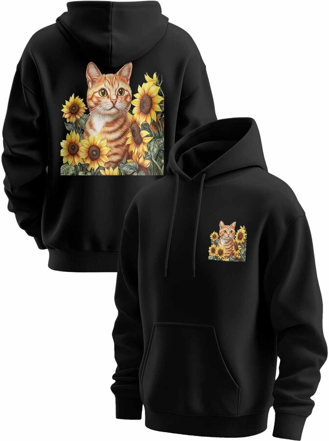 Xiidiekbish Orange Cat Hoodies for Men Yellow Sunflower Green Leaves Plant Graphic Print Long Sleeve Drawstring Hoodie Pullover Sweatshirt with Pocket