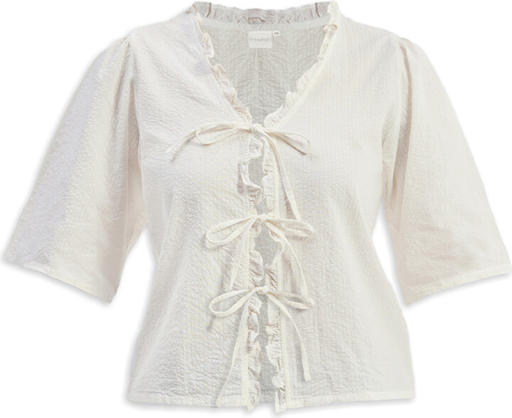 Reistor White Relaxed Fit Top With Ruffles & Front-Ties In Cream