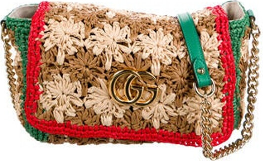 GUCCI Raffia Crochet Flower Small GG Marmont Shoulder Bag Naturale Ecru  Multicolor 1259122