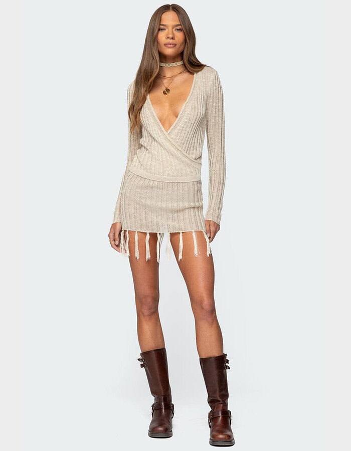 EDIKTED Tassel Knit Wrap Mini Dress