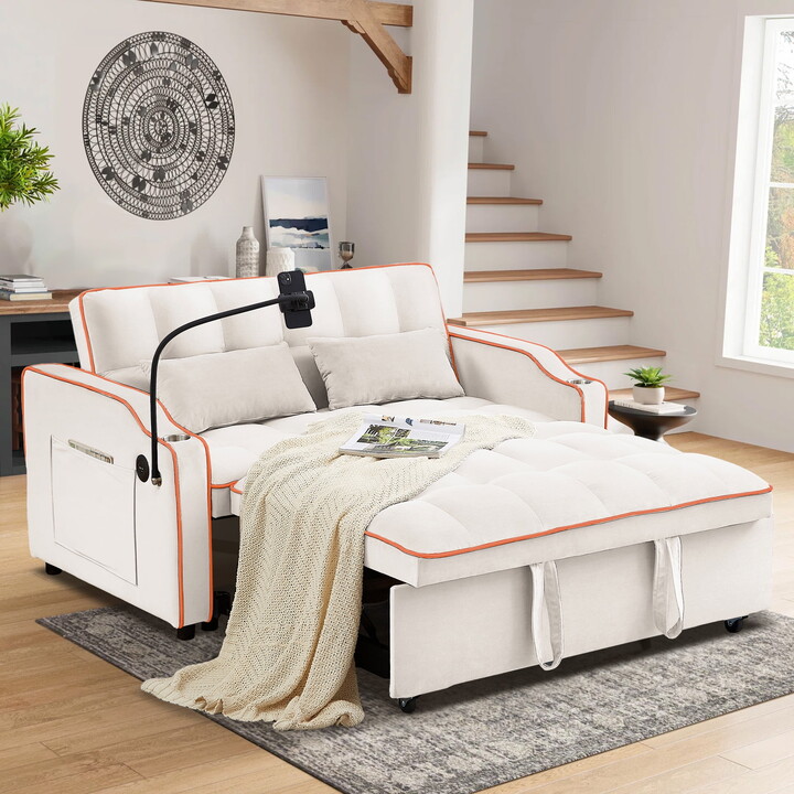 Aukfa Pull Out Sofa Bed, Convertible Loveseat Sleeper Sofa Couch with USB Port, Cup Holders and Swivel Phone Holder, Beige