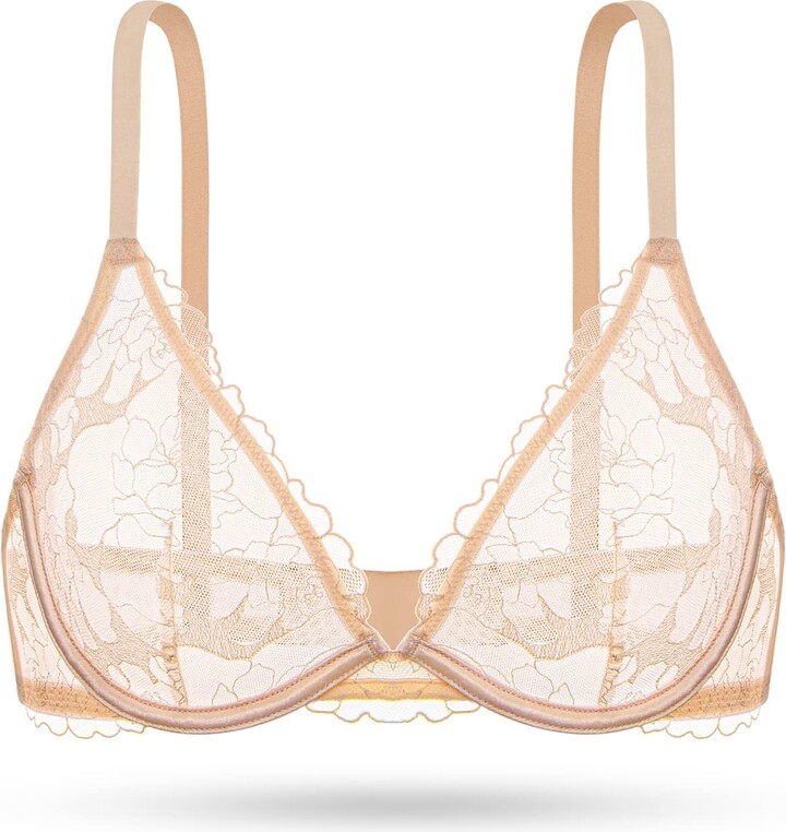 Deyllo Women's Sheer Lace Non Padded Full Cup Underwire Plus Size Bra, Pink  44H