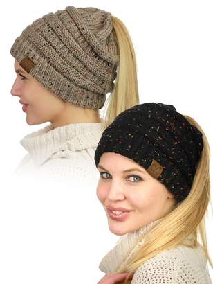 C.C BeanieTail Soft Stretch Cable Knit Messy High Bun Ponytail Beanie Hat, 2 Pack