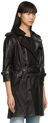 R 13 Black Leather Three-Quarter Sleeve Trench Jacket