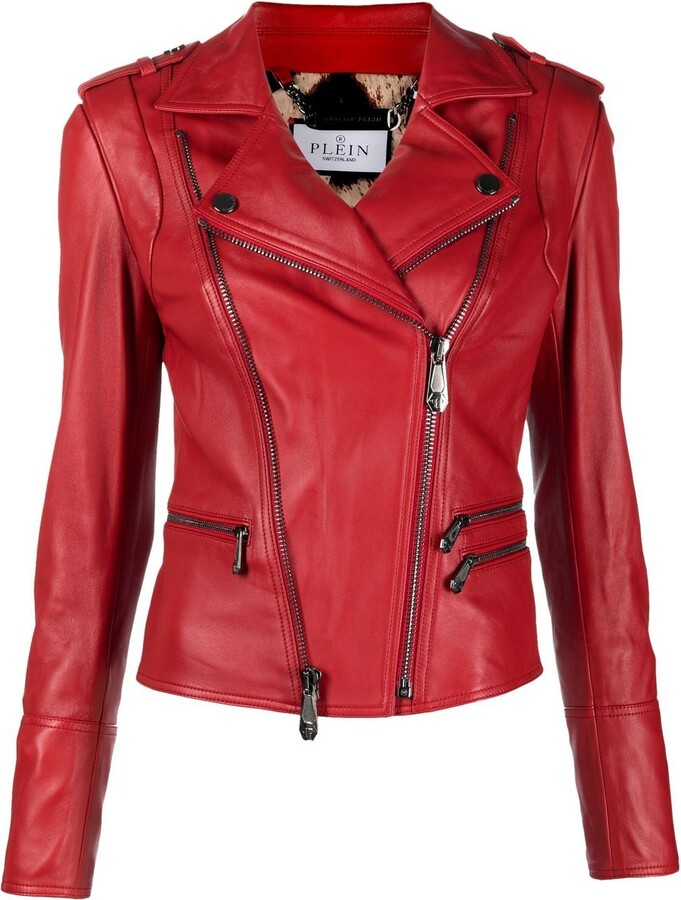 MYSTIQUE Ladies Red Biker Style Motorcycle Designer Napa Leather Jacket 7113 