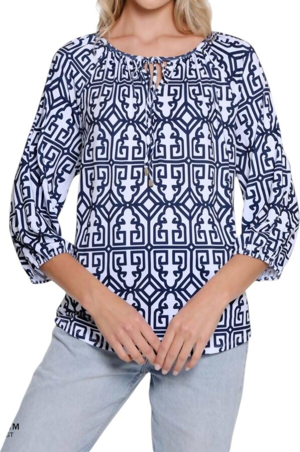 Multiples Print Peasant Top In Navy