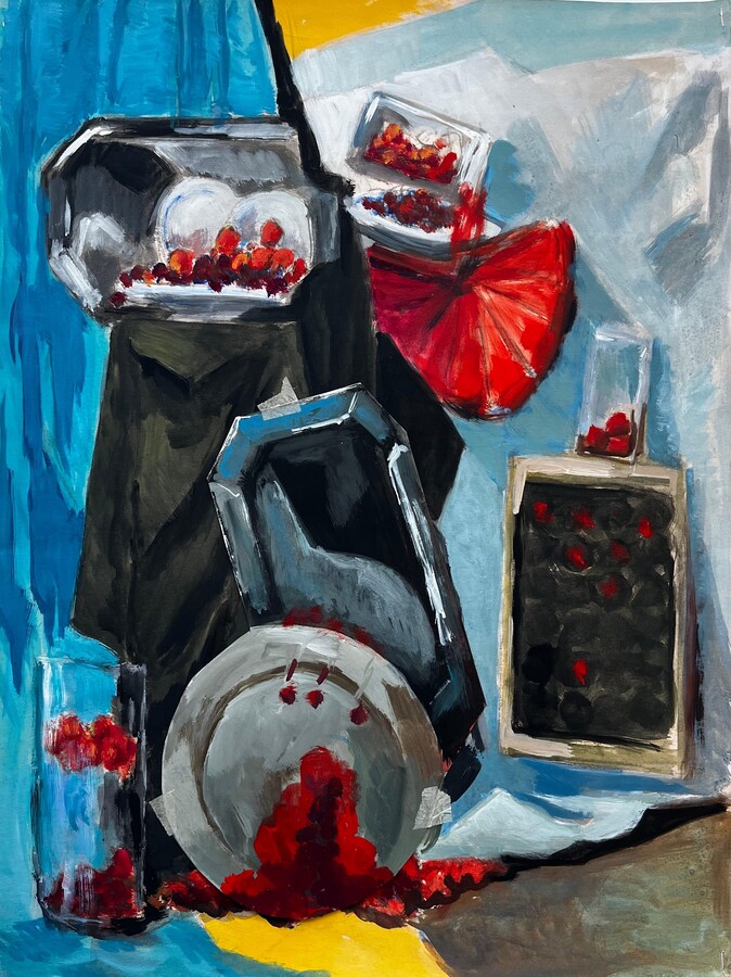 Guy Nicod, Abstract Still Life with Cherries Silver Trays and Berry Containers Gouache