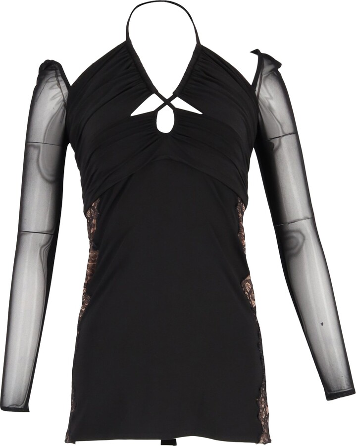 Self-Portrait Cutout Lace-Trimmed Chiffon Halterneck Mini Dress in Black Polyester