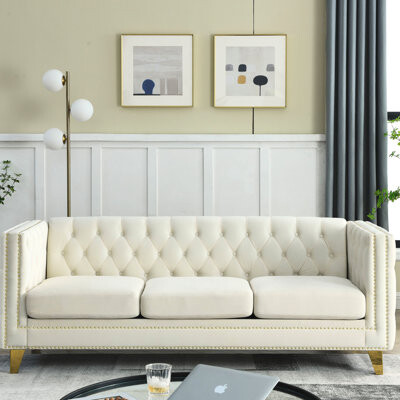 Latitude Run Modern Living Room : Velvet Square Arm With Metal Legs Beige For Room: Button Couch Beige 3