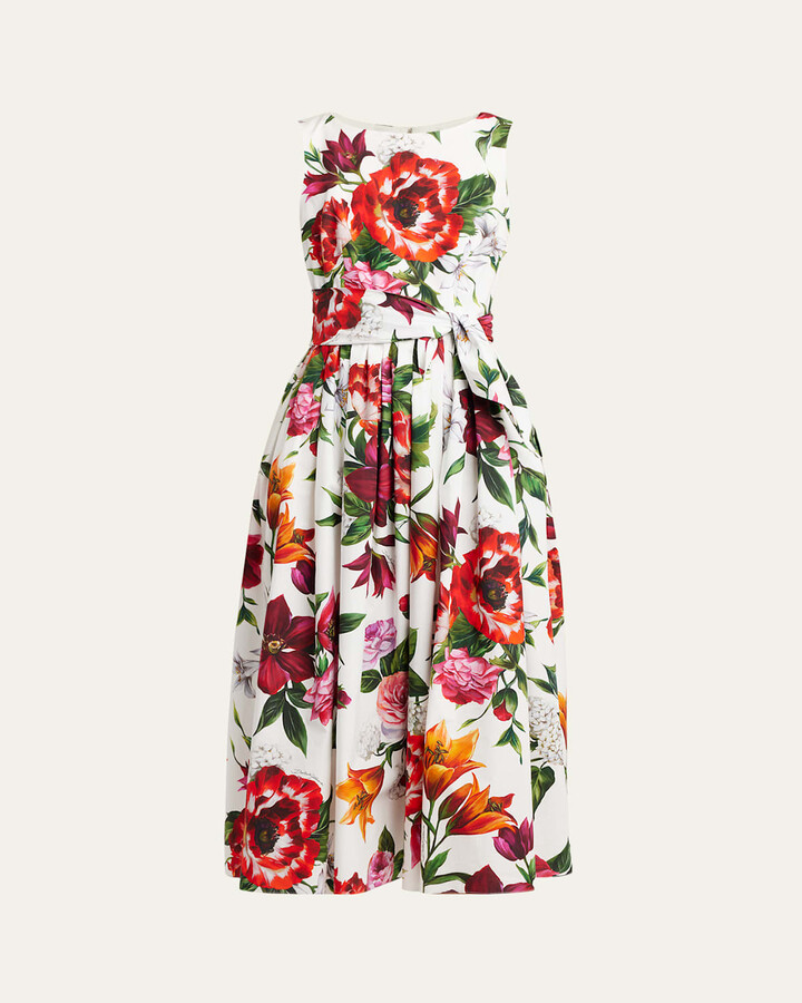 Dolce & Gabbana Anemone Floral Pleated Popeline Midi Dress With Belt