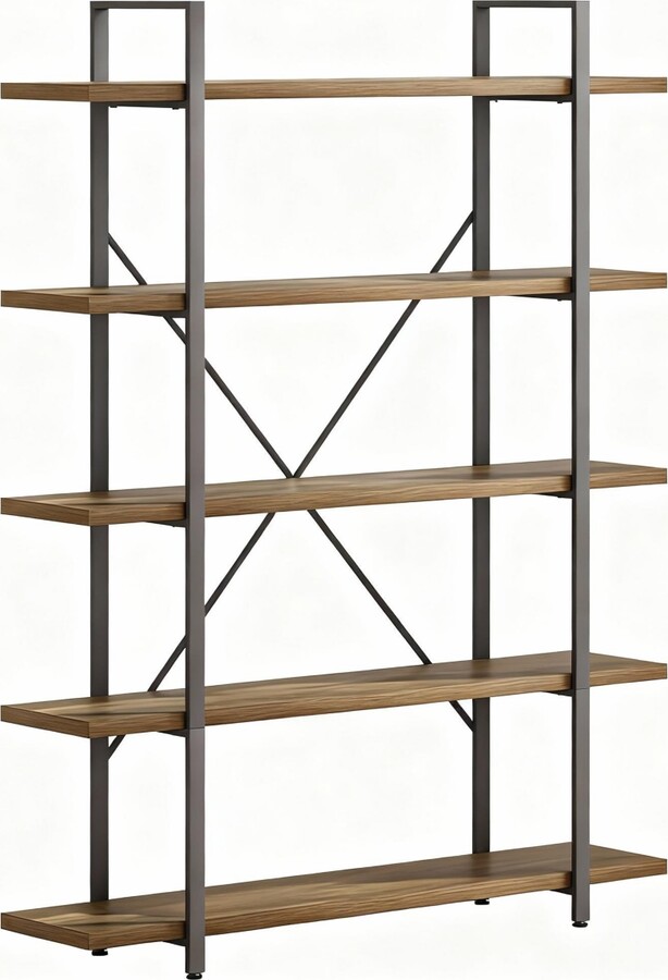 Yigii 5 Tier Industrial Metal and Wood Bookshelf for Home