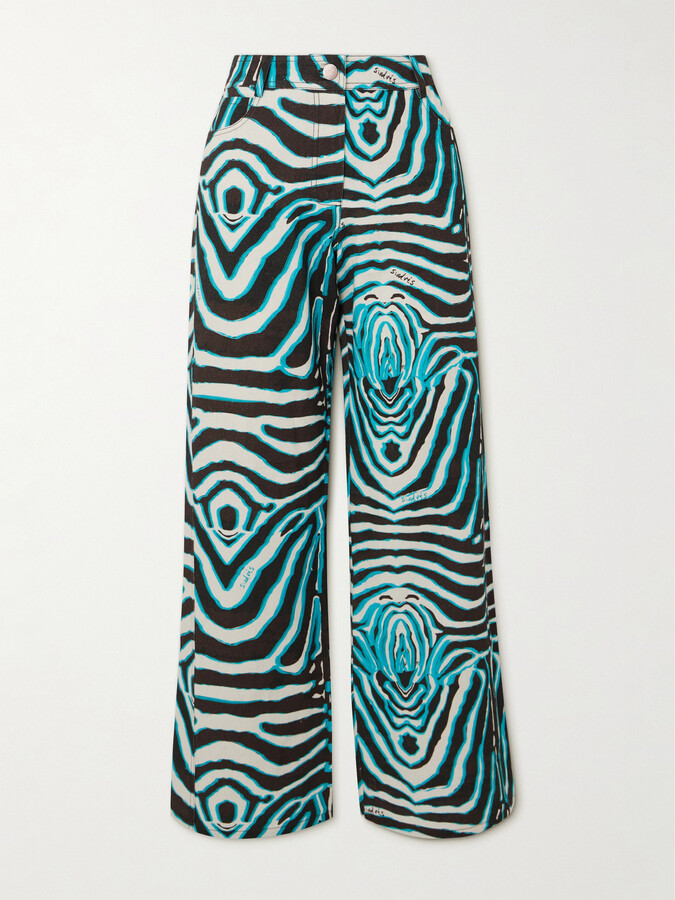 SIEDRÉS - Zebra-printed Cotton And Linen-blend Wide-leg Pants - Blue