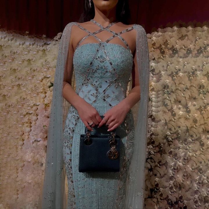On zhu Luxury Mermaid Cape Sleeves Evening Dress Elegant Blue Beaded Crystal Tulle Prom Gowns Floor Length Party vestido For Women