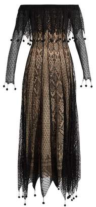 Alexander McQueen Off The Shoulder Pompom Embellished Lace Dress - Womens - Black