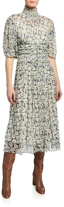 Rebecca Taylor Short-Sleeve Deco Fleur Midi Dress