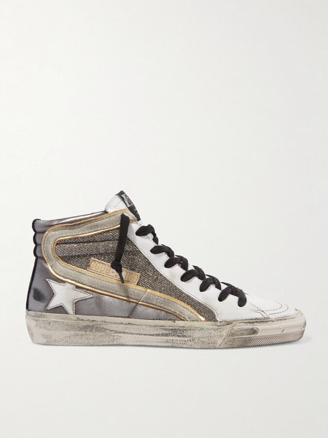 Golden Goose Slide Distressed Suede-trimmed Leather And Lurex High-top Sneakers - Silver