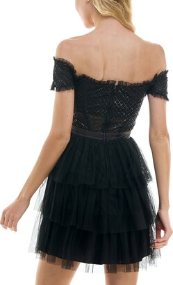 City Studios Juniors' Tiered Mesh Off-The-Shoulder Fit & Flare