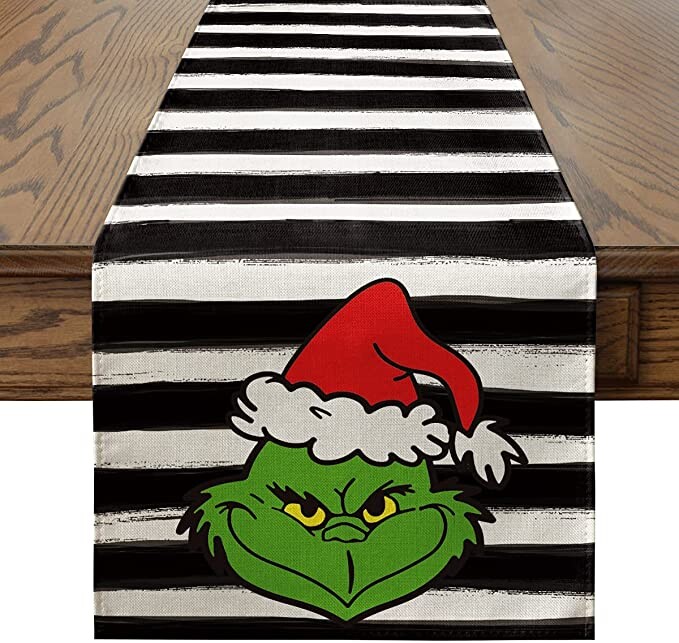 Artoid Mode Watercolor Stripes Grinchy Christmas Table Runner, Seasonal Winter Xmas Holiday Kitchen Dining Table Decoration for Indoor Outdoor Home Party Decor 13 x 90 Inch