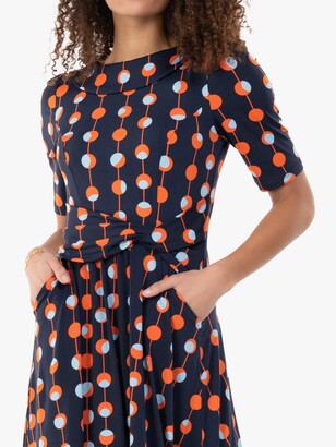 Jolie Moi Belilah Geometric Print Foldover Neck Dress, Navy Spot