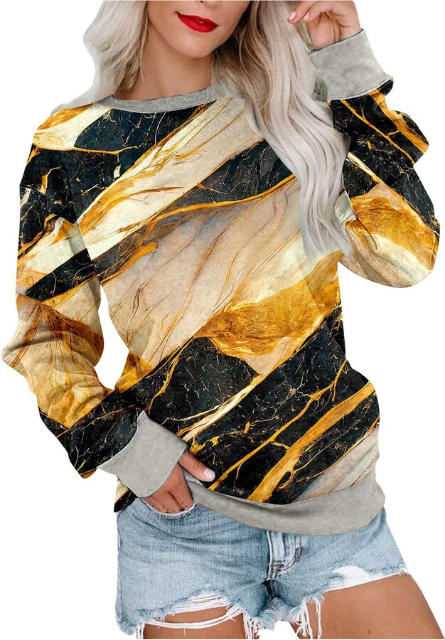 Warehouse Open Box Deals Clearance Trendy Blouses For Women 2023 Loose Fit  Long Sleeve Pullover Casual Crewneck Sweatshirts Novelty Marble Print Tops  Women's Crewneck Sweatshirts