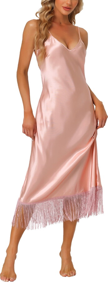 Unique Bargains Womens Satin Nightgown Lounge Sleepwear Cami Dress with Tassel Pajama