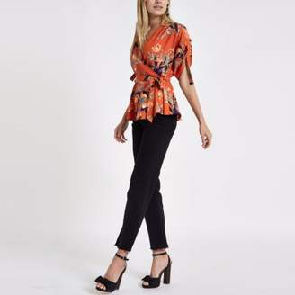 River Island Red floral wrap side ruched sleeve top