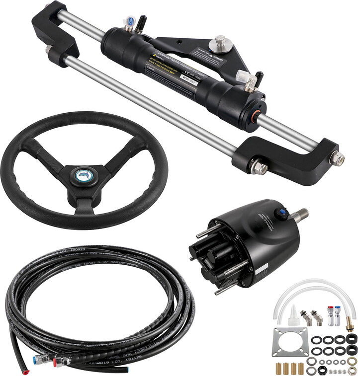KFFKFF Hydraulic Marine Steering Set, 300HP Hydraulic Navigation System with Helm Pump, Cylinder, Wheel, 24 Feet Hose and Hydraulic Seal Kit, Resistant to Corrosion Boat Steering Kit