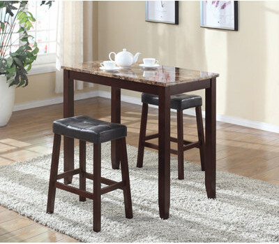 Latitude Run 3-Piece Counter Height Glossy Print Marble Breakfast Table with Stools Espresso