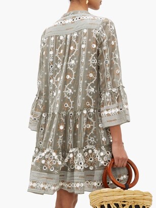 Juliet Dunn Embroidered And Mirror-applique Cotton Dress - Khaki Print