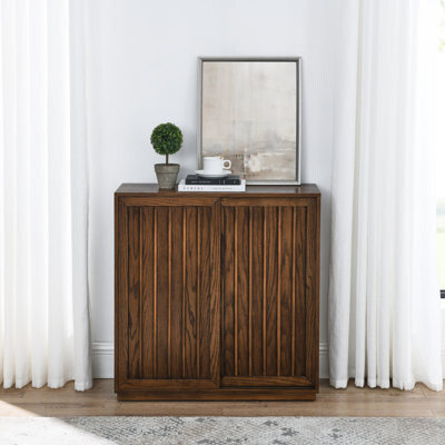 George Oliver Walnut Mid Century Sideboard With Solid Wood Decorative Strips 2 Sliding Doors Storage Cabinet For Living Room Kitchen Dining Hallway Room Furnit